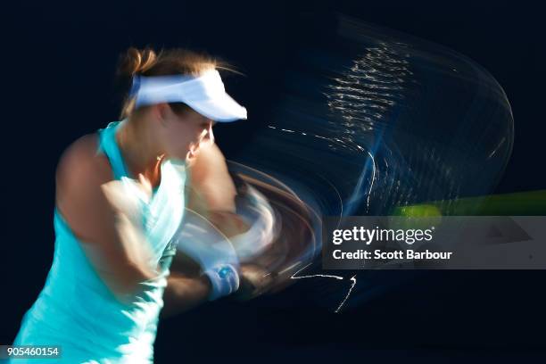 Jana Cepelova of Slovakia plays a backhand in her first round match against Lauren Davis of the United States on day two of the 2018 Australian Open...