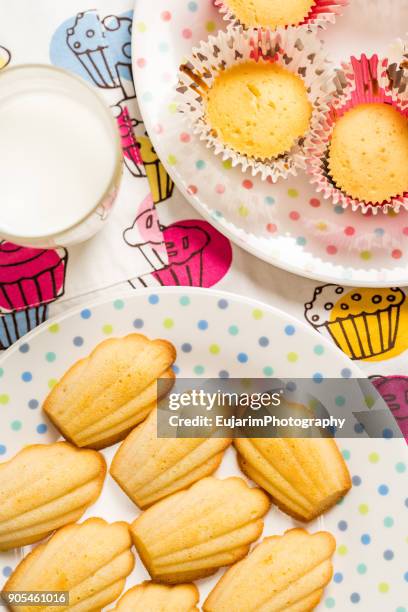 close up of madeleines and cupcakes on polka dots pattern plates - madeleine stock pictures, royalty-free photos & images