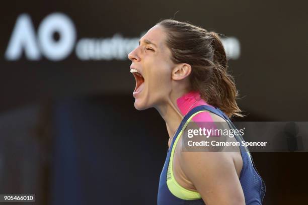 Andrea Petkovic of Germany celebrates winning her first round match against Petra Kvitova of the Czech Republic on day two of the 2018 Australian...