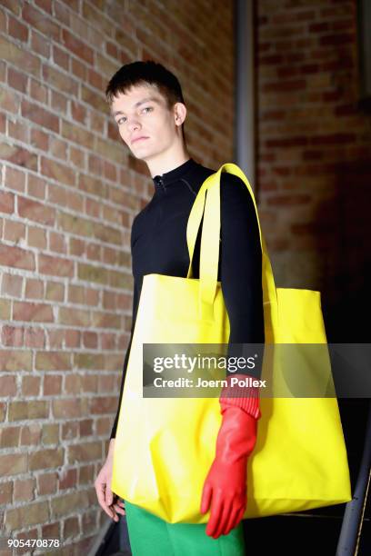 Model is seen backstage ahead of the Ivanman show during the MBFW January 2018 at ewerk on January 16, 2018 in Berlin, Germany.