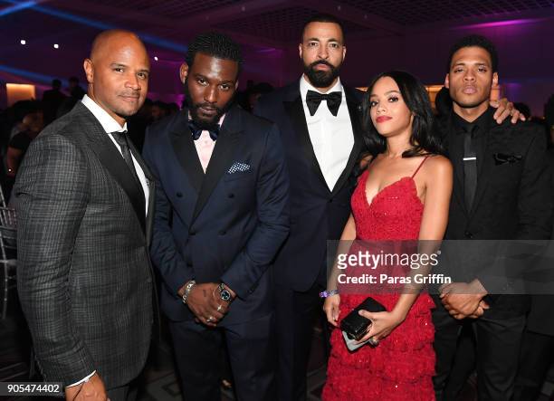 Dondre Whitfield, Kofi Siriboe, Timon Kyle Durrett, Bianca Lawson, and Deric Augustine attend 49th NAACP Image Awards After Party at Pasadena Civic...