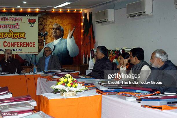 Lal Krishna Advani, President of BJP and Former Deputy Prime Minister with Raman Singh, Chief Minister of Chhattisgarh, Vasundhara Raje, Chief...