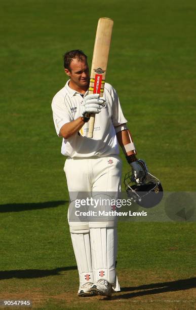 Dale Benkenstein of Durham celebrates his century during the second day of the LV County Championship Division One match between Durham and...