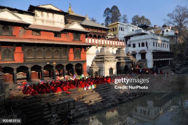 Nepalese Hindu woman offering ritual prayer at Pashupathnath Temple, Kathmandu during Madhav Narayan Festival or Swasthani Brata Katha on Tuesday,...