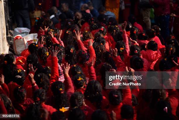 Nepalese Hindu woman offering ritual prayer at Pashupathnath Temple, Kathmandu during Madhav Narayan Festival or Swasthani Brata Katha on Tuesday,...