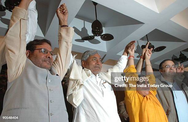 Sharad Yadav with Nitish Kumar, Chief Minister of Bihar, Uma Bharti and Arun Jaitley in Patna, Bihar, India