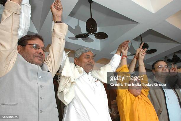 Sharad Yadav with Nitish Kumar, Chief Minister of Bihar, Uma Bharti and Arun Jaitley in Patna, Bihar, India
