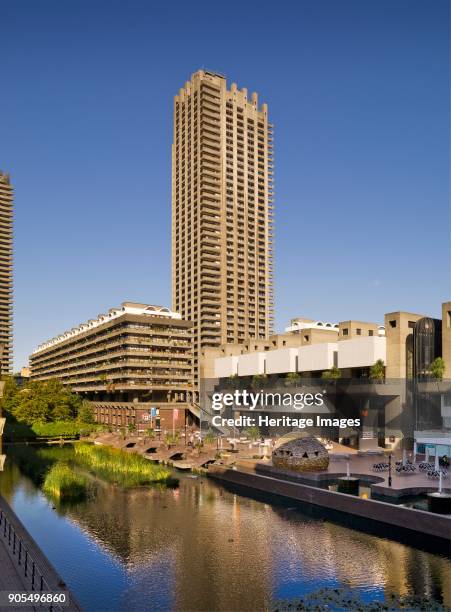 The Barbican Centre, Silk Street, London, 2009. General view of complex across a narrow lake from the south-east. Shakespeare tower can be seen to...