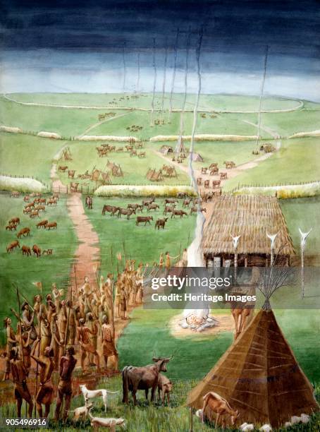 Windmill Hill, Avebury, Wiltshire, in Neolithic times. Reconstuction drawing. Artist Judith Dobie.
