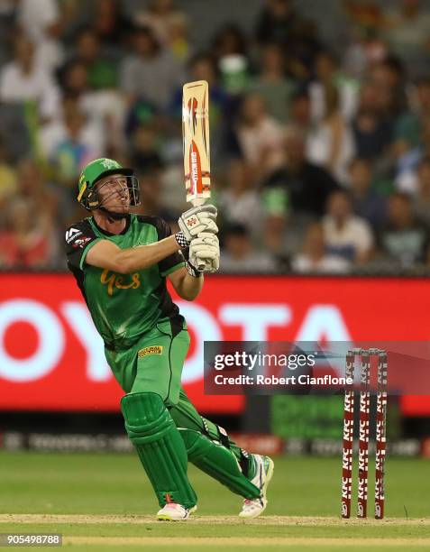 James Faulkner of the Stars hits out during the Big Bash League match between the Melbourne Stars and the Sydney Sixers at Melbourne Cricket Ground...