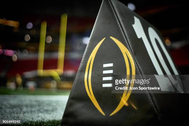 Detailed view of the CFP logo is seen on the 10 yard field marker during the CFP National Championship presented by AT&T between the Georgia Bulldogs...