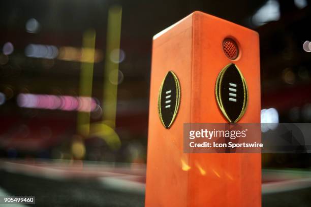 Detailed view of the CFP logo is seen on a Pylon during the CFP National Championship presented by AT&T between the Georgia Bulldogs and the Alabama...