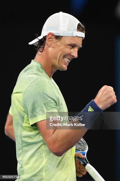 Tomas Berdych of the Czech Republic celebrates winning his first round match against Alex Di Minaur of Australia on day two of the 2018 Australian...