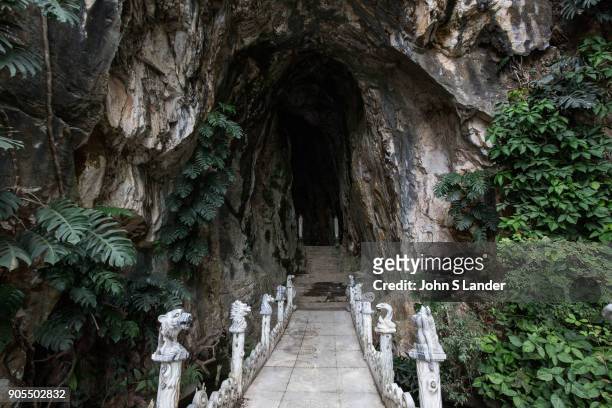 The Marble Mountains are made up of five hills made of marble and limestone near Danang Vietnam. Each mountain represents one of the five elements of...
