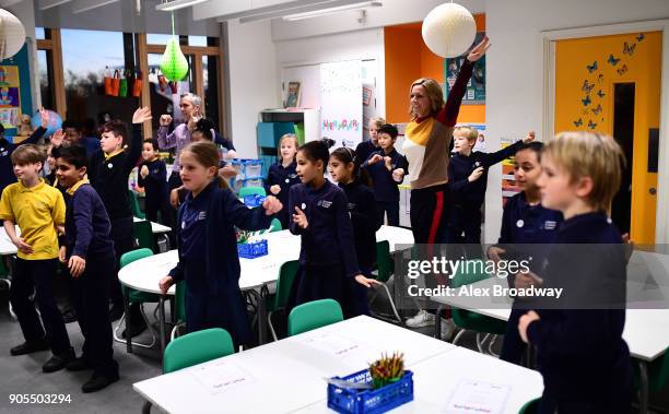 Super Movers ambassador Gabby Logan takes part in a classroom session during the Premier League and BBC Super Movers launch event at Ashmount Primary...