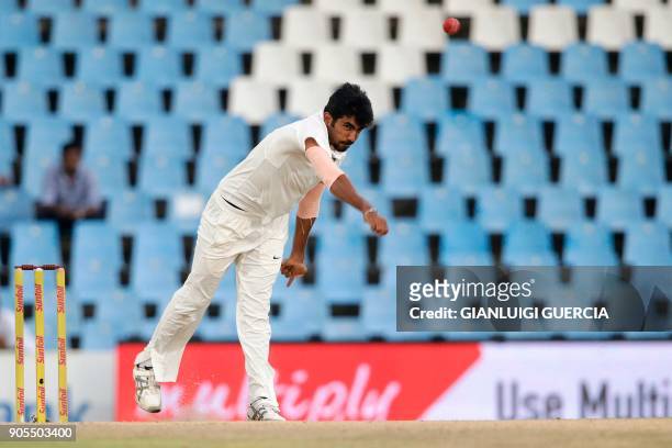 Indian bowler Jasprit Bumrah bowls on South African bowler AB de Villiers during the third day of the second Test cricket match between South Africa...