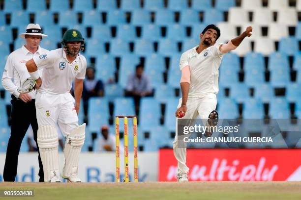 Indian bowler Jasprit Bumrah bowls on South African bowler AB de Villiers during the third day of the second Test cricket match between South Africa...