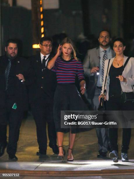 Melissa Benoist is seen arriving at 'Jimmy Kimmel Live' on January 15, 2018 in Los Angeles, California.
