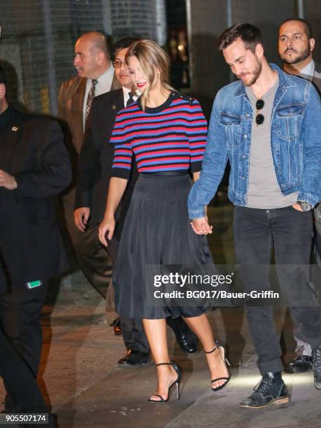 Melissa Benoist and Chris Wood are seen arriving at 'Jimmy Kimmel Live' on January 15, 2018 in Los Angeles, California.