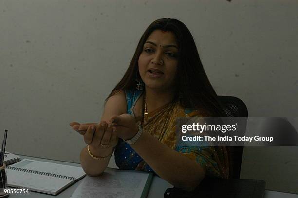 Khushboo, actress discussing the script of her Mega serial Kalki with her crew at her office in Tnagar in Chennai, Tamil Nadu, India