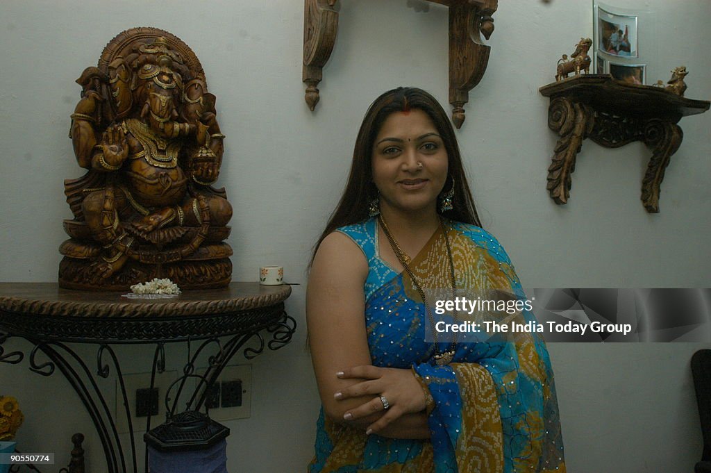 Khushboo, actress discussing the script of her Mega serial Kalki with her crew at her office in Tnagar in Chennai, Tamil Nadu, India ( for Simply Chennai )