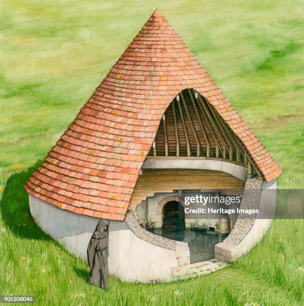 Conduit house, St Augustine's Abbey, Canterbury, Kent. Cut-away reconstruction drawing depicting the water supply conduit house for St Augustine's...