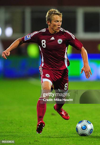 Aleksandrs Cauna of Latvia in action during the FIFA 2010 World Cup Group 2 Qualifier between Latvia and Switzerland at the Skonto stadium on...