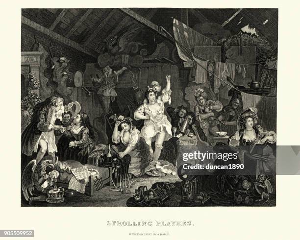 strolling actresses dressing in a barn, william hogarth - getting dressed for work stock illustrations