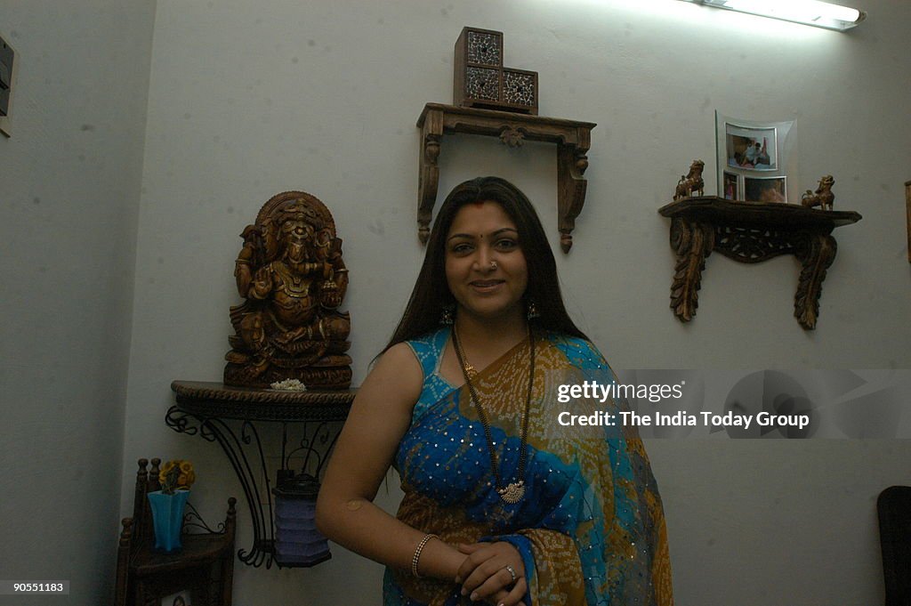 Khushboo, actress discussing the script of her Mega serial Kalki with her crew at her office in Tnagar in Chennai, Tamil Nadu, India ( for Simply Chennai )