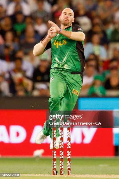 John Hastings of the Melbourne Stars bowls during the Big Bash League match between the Melbourne Stars and the Sydney Sixers at Melbourne Cricket...