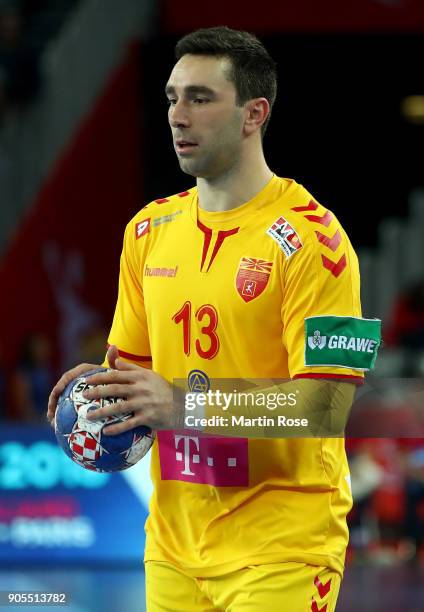 Filip Mirkulovski of Macedonia in action during the Men's Handball European Championship Group C match between Montenegro and Macedonia at Arena...