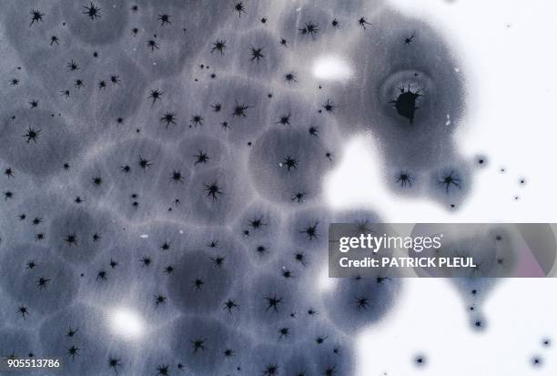 Ice covered with snow and pierced by holes is pictured on the Trepliner lake in Treplin, eastern Germany, on January 16, 2018. / Germany OUT