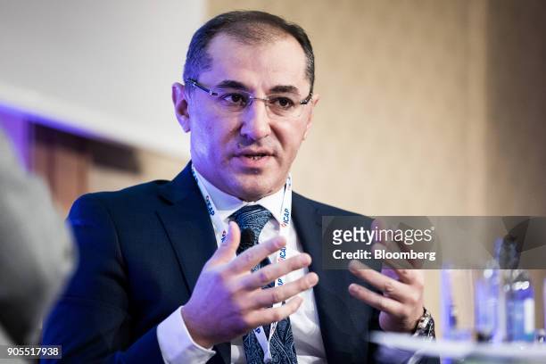 Vardan Aramyan, Armenia's finance minister, gestures as he speaks during the Euromoney Central And Eastern European Forum, in Vienna, Austria, on...