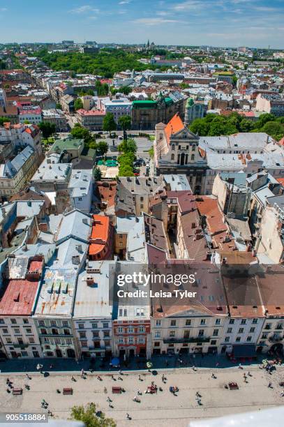 The view over the Old Town from the clock tower on Market Square in Central Lviv, Ukraine.