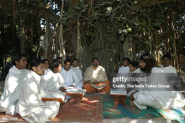 Acharya with students at Arsh Gurukul in Mahendragarh, Haryana, India