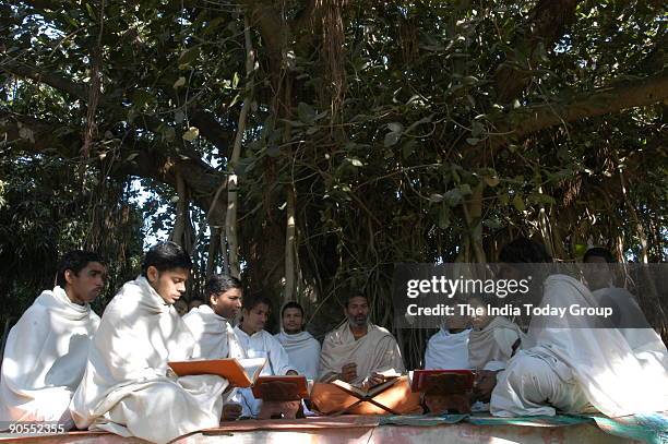 Acharya with students at Arsh Gurukul in Mahendragarh, Haryana, India