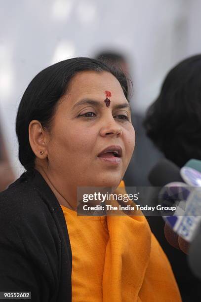 Uma Bharti, former Chief Minister and expelled Bharatiya Janata Party leader , addressing the Media in New Delhi, India