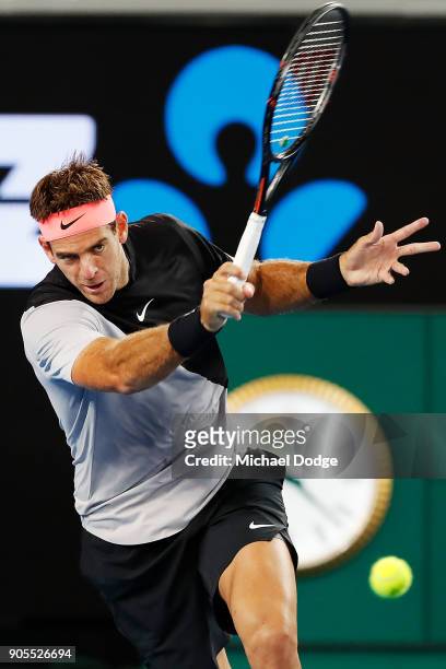 Juan Martin del Potro of Argentina hits a backhand in his first round match against Frances Tiafoe of the US on day two of the 2018 Australian Open...