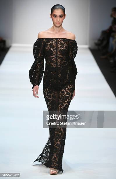 Model walks the runway at the Ewa Herzog show during the MBFW Berlin January 2018 at ewerk on January 16, 2018 in Berlin, Germany.