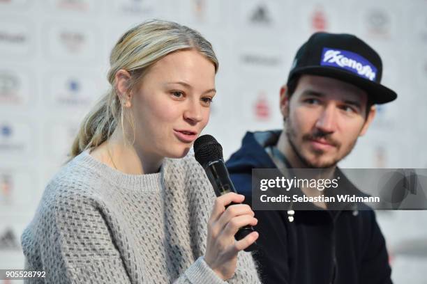 Felix Neureuther and his wife Miriam Neureuther answer questions during the 2018 PyeongChang Olympic Games German Team kit handover at Postpalast on...