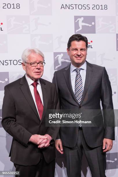 League President Dr. Reinhard Rauball poses with DFL CEO Christian Seifert during the 2018 DFL New Year Reception at Thurn & Taxis Palais on January...