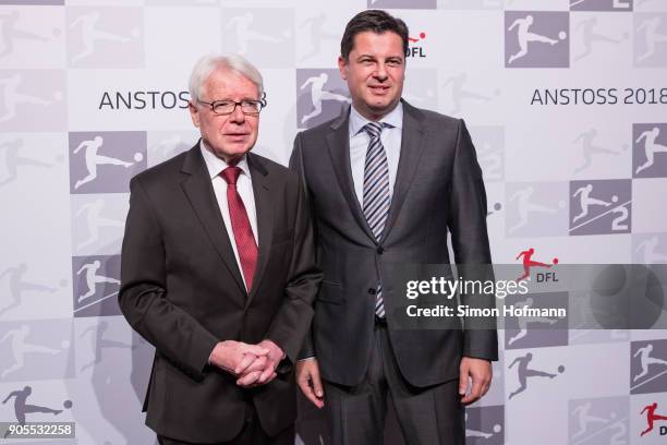 League President Dr. Reinhard Rauball poses with DFL CEO Christian Seifert during the 2018 DFL New Year Reception at Thurn & Taxis Palais on January...