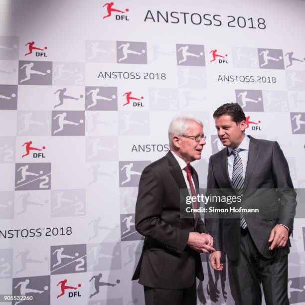 League President Dr. Reinhard Rauball chats with DFL CEO Christian Seifert during the 2018 DFL New Year Reception at Thurn & Taxis Palais on January...