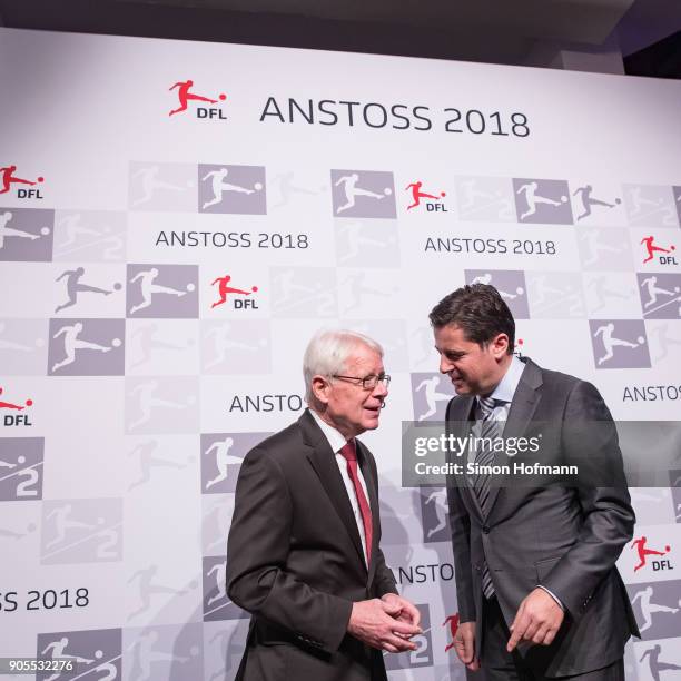 League President Dr. Reinhard Rauball chats with DFL CEO Christian Seifert during the 2018 DFL New Year Reception at Thurn & Taxis Palais on January...