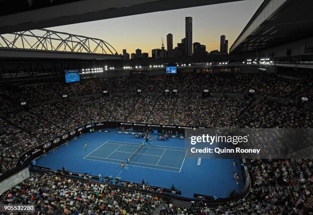 General view as Roger Federer of Switzerland plays in his first round match against Aljaz Bedene of Slovenia on day two of the 2018 Australian Open...