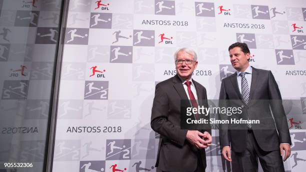 League President Dr. Reinhard Rauball chats with DFL CEO Christian Seifert during the 2018 DFL New Year Reception at Thurn & Taxis Palais on January...