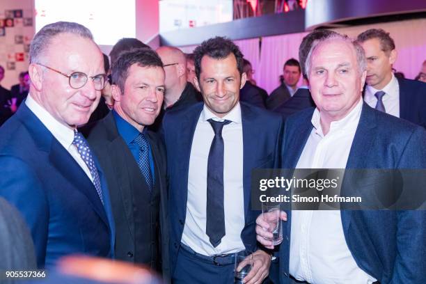 Karl-Heinz Rummenigge, Lothar Matthaeus, Hasan Salihamidzic and Uli Hoeness attend the 2018 DFL New Year Reception at Thurn & Taxis Palais on January...