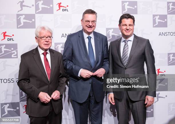 League President Dr. Reinhard Rauball, DFB President Reinhard Grindel and DFL CEO Christian Seifert pose during the 2018 DFL New Year Reception at...