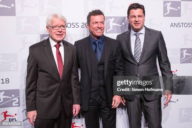 League President Dr. Reinhard Rauball poses with Lothar Matthaeus and DFL CEO Christian Seifert during the 2018 DFL New Year Reception at Thurn &...