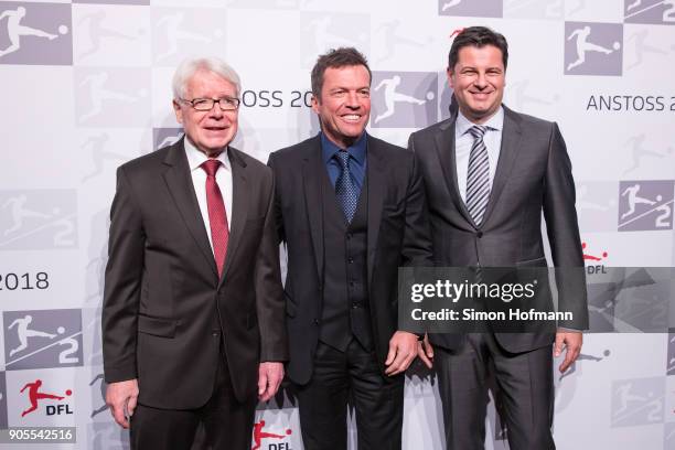 League President Dr. Reinhard Rauball poses with Lothar Matthaeus and DFL CEO Christian Seifert during the 2018 DFL New Year Reception at Thurn &...